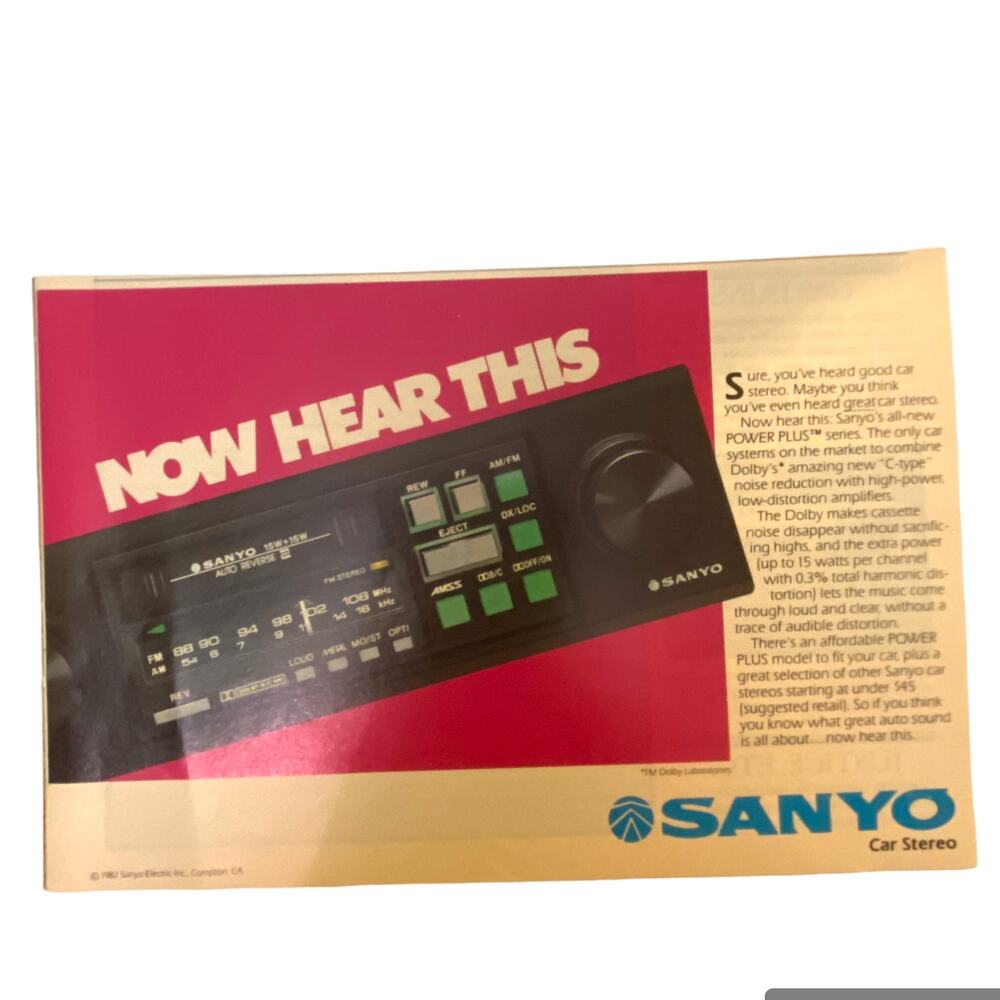 Vtg Sanyo Car Stereo Print Ad December 1982 Original Color 5.5x11 Collector